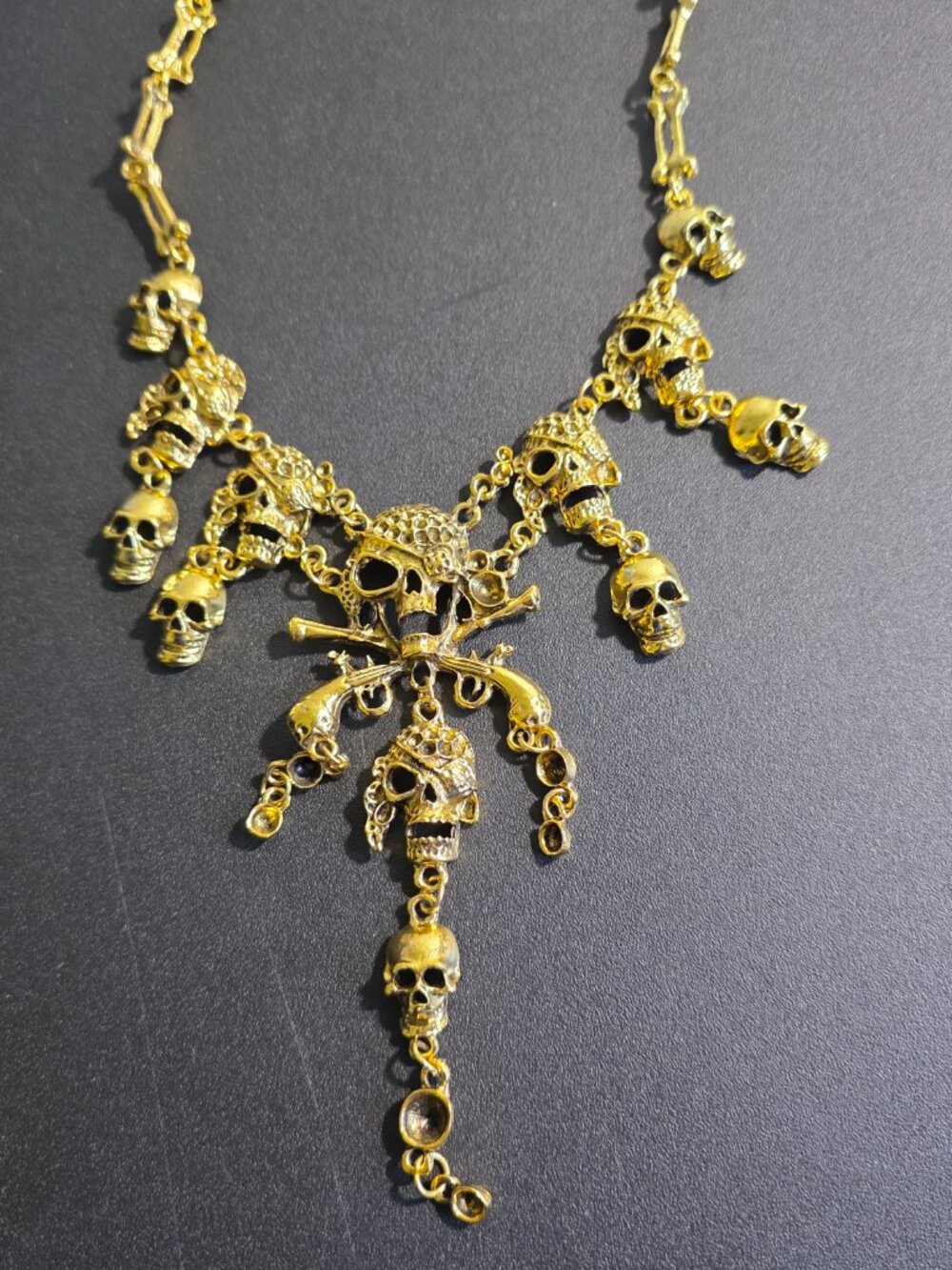 Gold Tone Pirate Skull Statement Necklace Bones Chain - Picture 5 of 9
